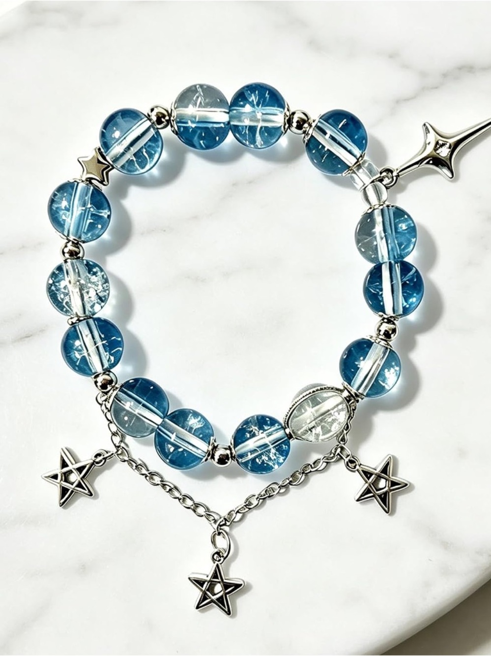 🆕New Stretchy Blue and Clear Crackle Beaded Bracelet with Star Charms - Picture 2 of 5